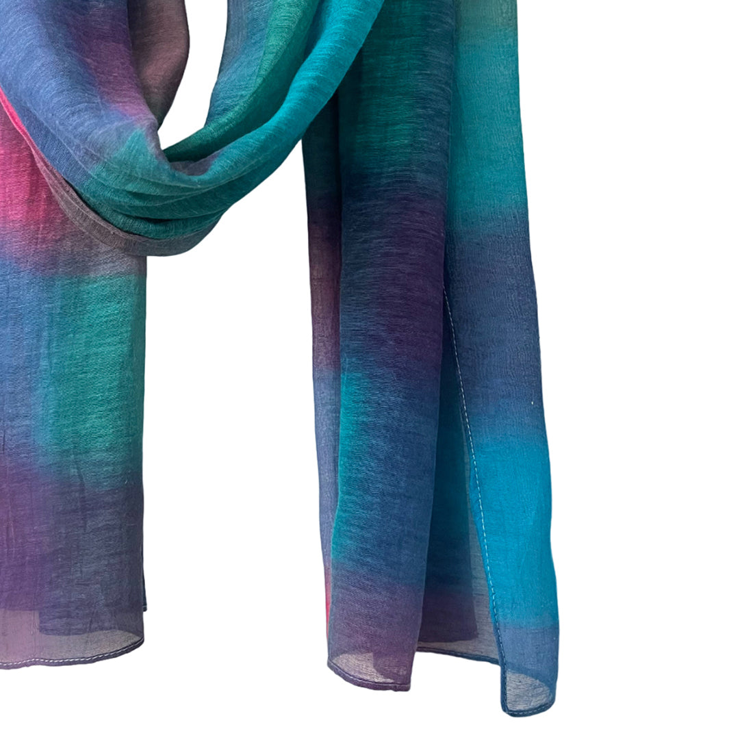 Shades of Blue & Pink Ombre Square Patches Silk-Cotton Blend Crinkle Effect Scarf