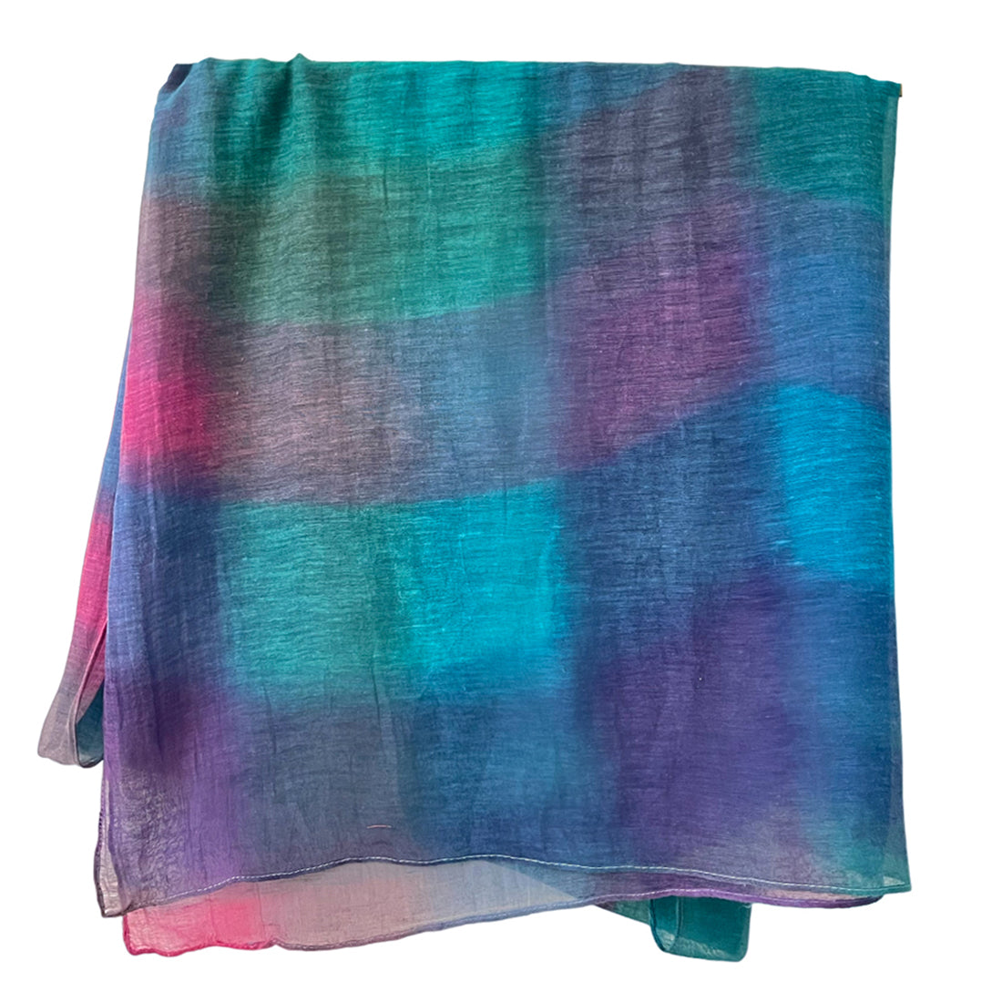 Shades of Blue & Pink Ombre Square Patches Silk-Cotton Blend Crinkle Effect Scarf