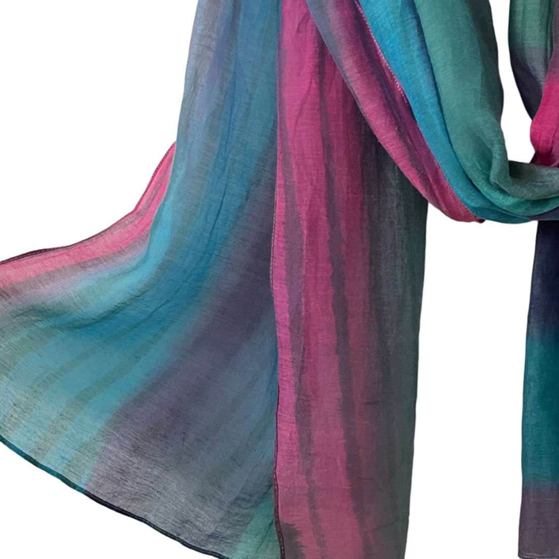 Striped Multicolor Pink, Blue & Purple Ombre Silk-Cotton Blend Crinkle Effect Scarf