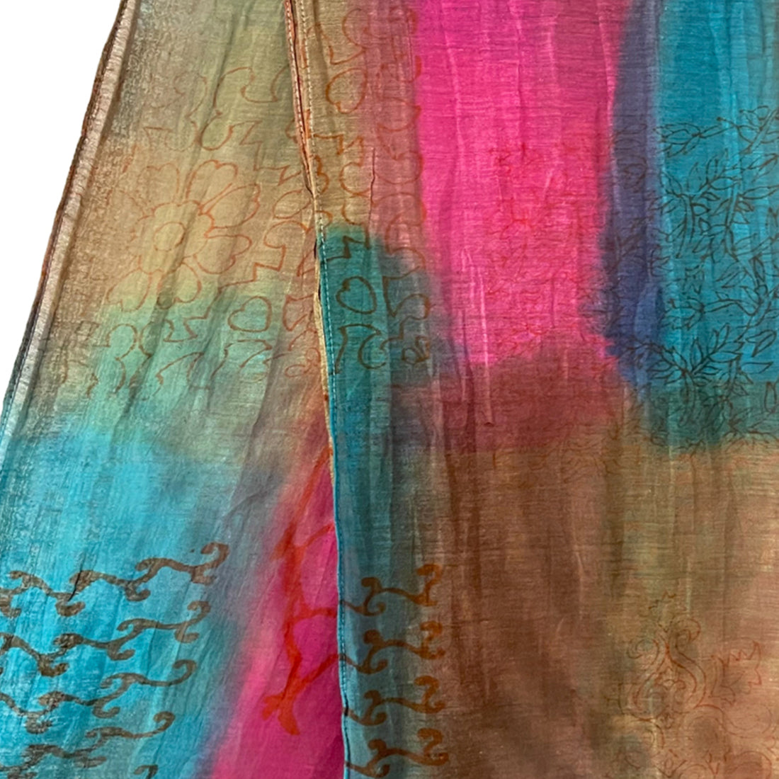 Tribal Printed Multicolor Pink, Blue & Brown Ombre Square Patches Silk-Cotton Blend Crinkle Effect Scarf