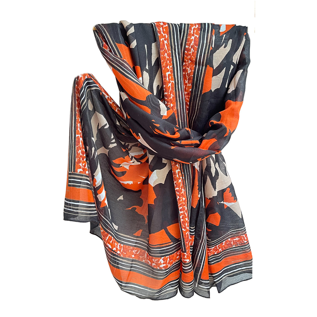 Black, White & Orange Abstract Floral Print with Striped Border Viscose Scarf