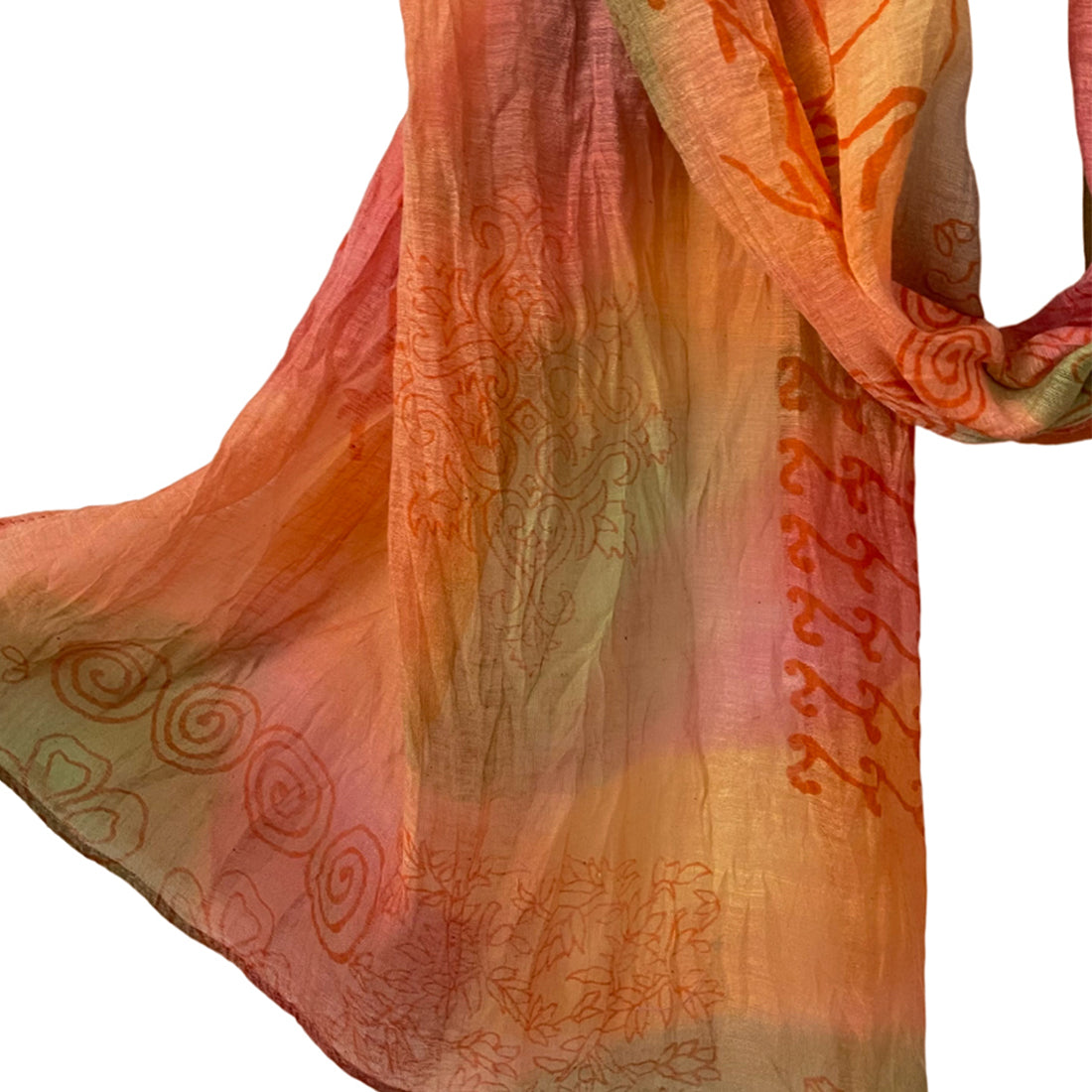 Tribal Printed Multicolor Orange & Pink Ombre Square Patches Silk-Cotton Blend Crinkle Effect Scarf