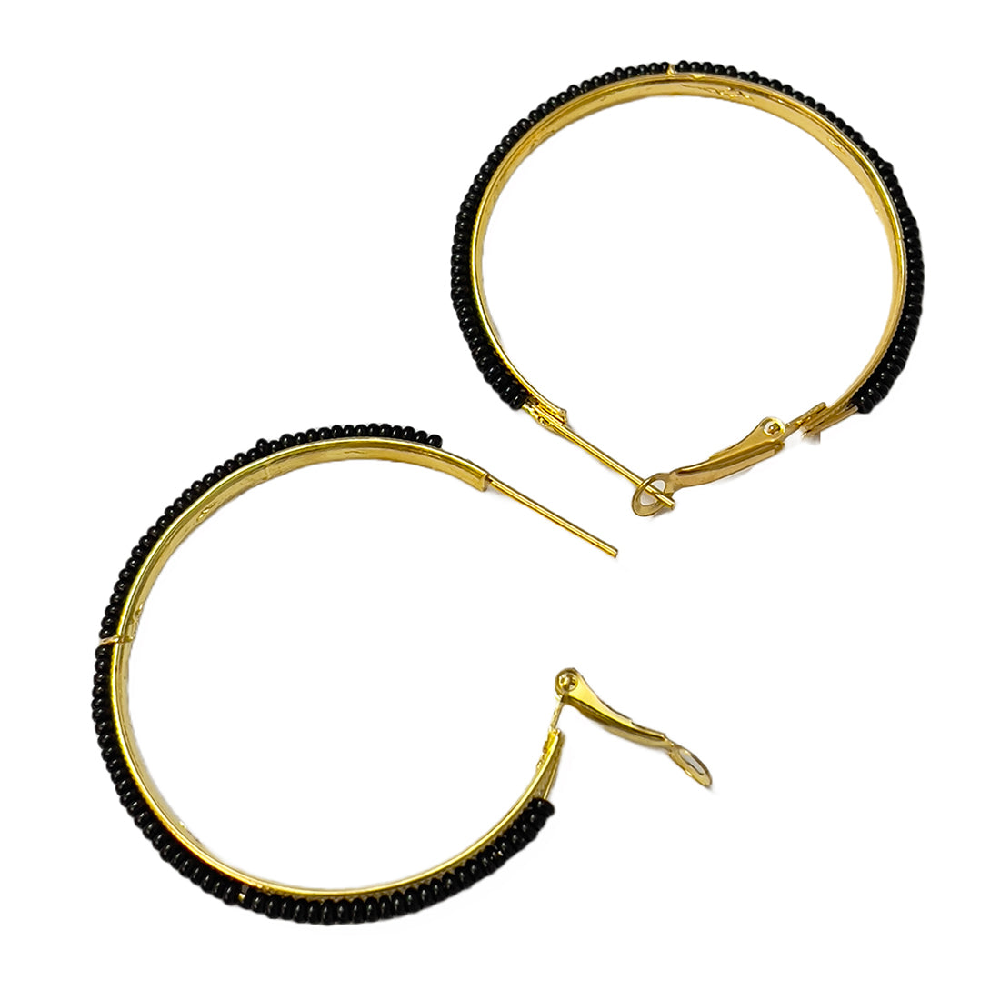Set Of 3 Gold-Toned & Black Beaded Hoop Earrings