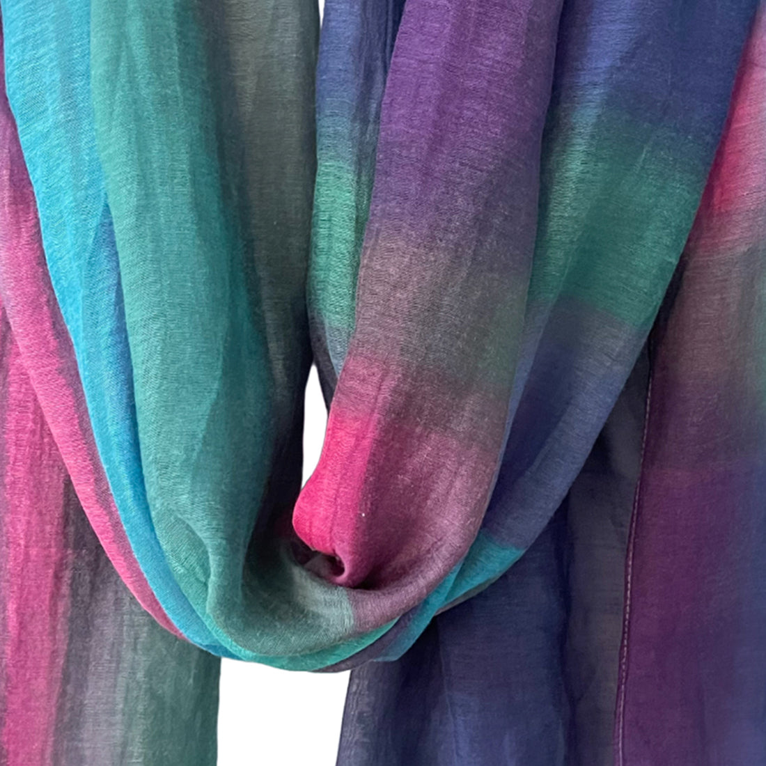 Criss-Cross Striped Multicolor Pink, Blue & Purple Ombre Silk-Cotton Blend Crinkle Effect Scarf