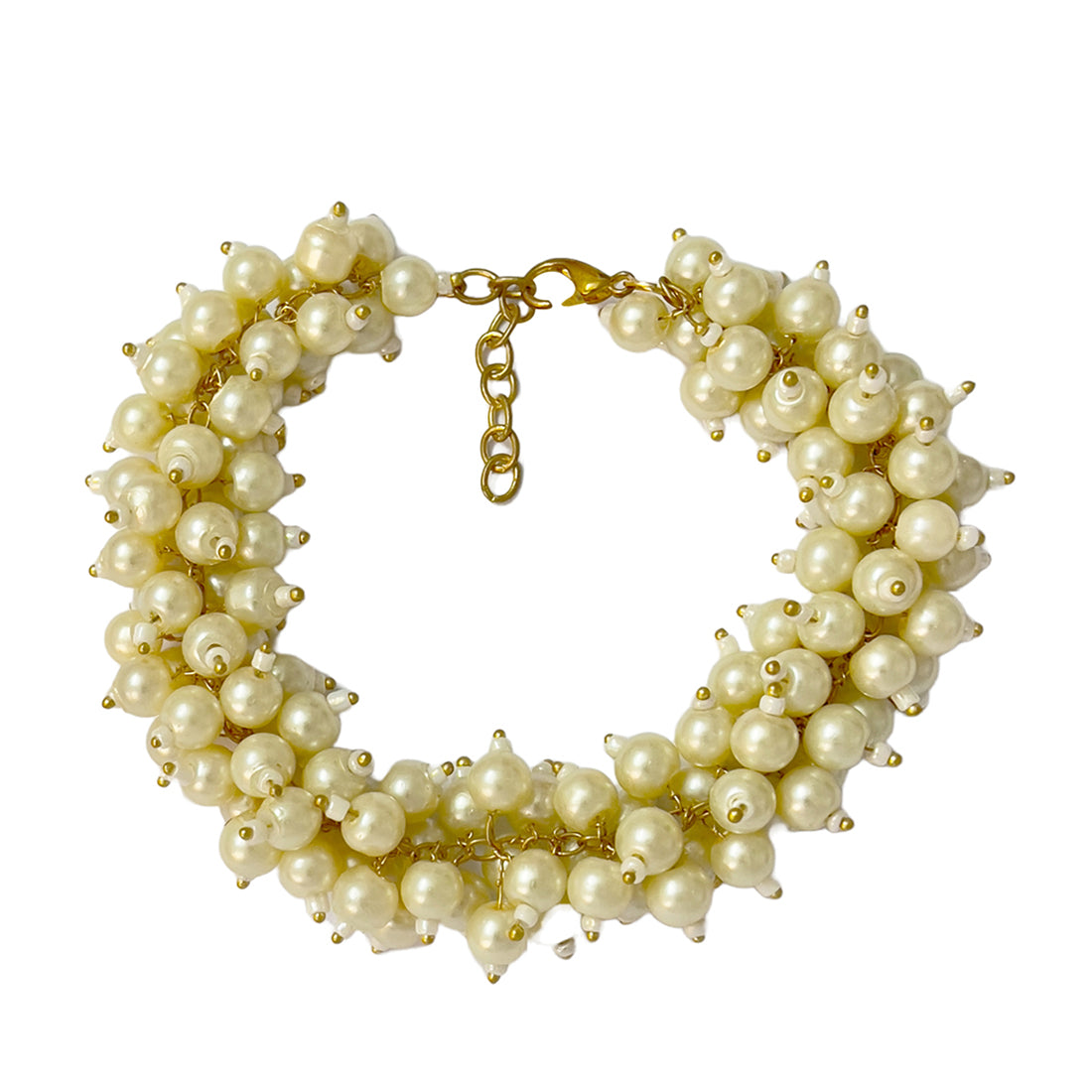 White and Gold Pearl Studded Evening Party Set of Necklace, Earrings & Bracelet for Women