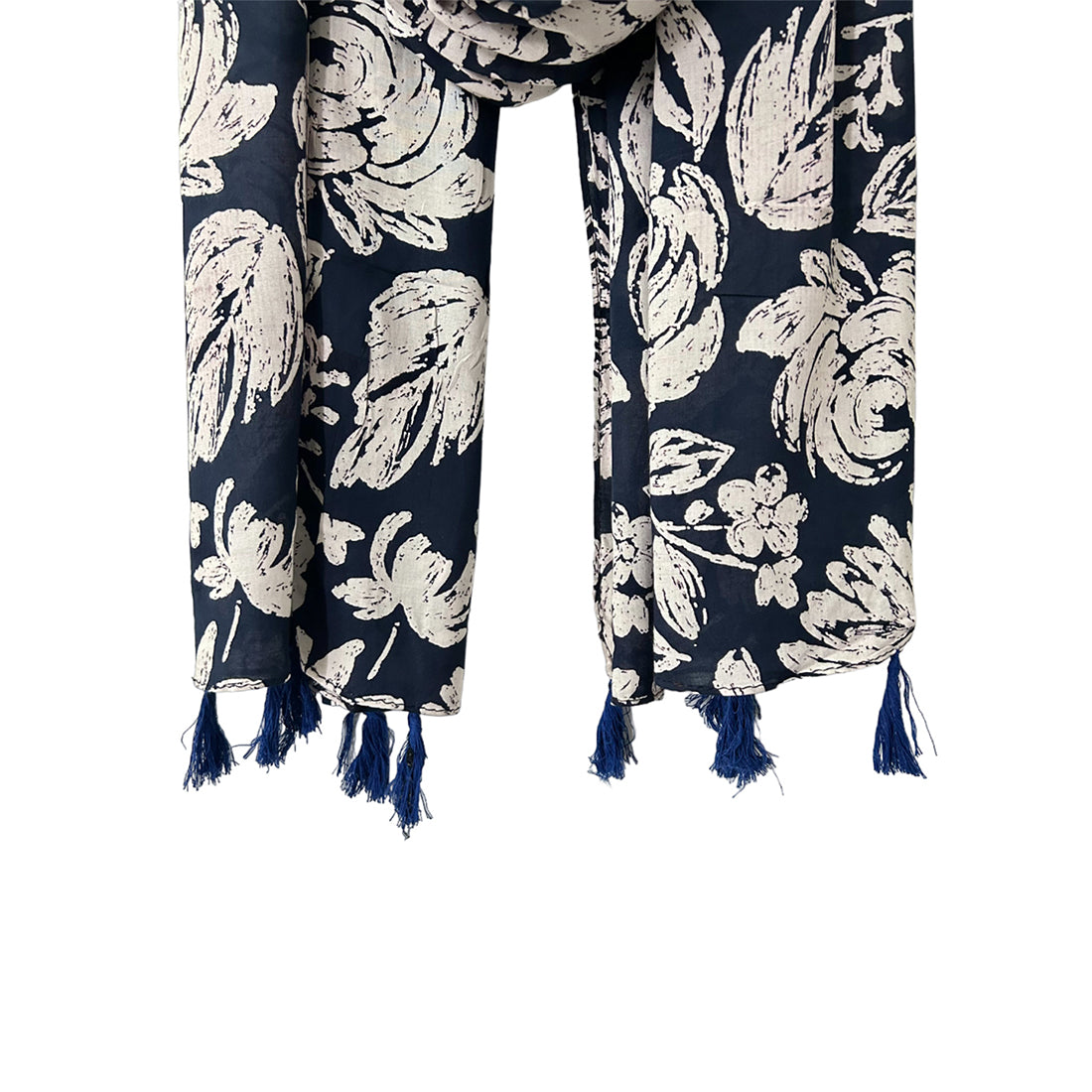 Tropical Green, Navy Blue & Off-White Palm Leaves Printed Modal Tassel Scarf