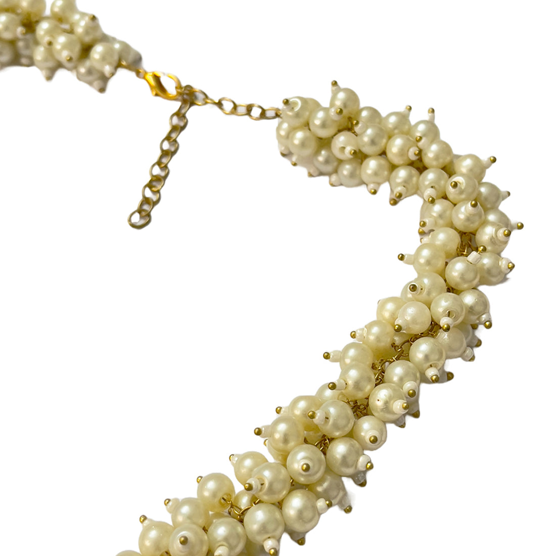 White and Gold Pearl Studded Evening Party Set of Necklace, Earrings & Bracelet for Women