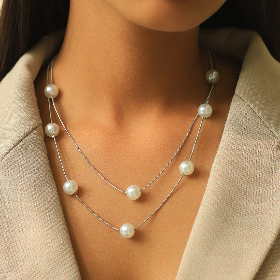 Double -Layered Pearl Silver -Toned Necklace