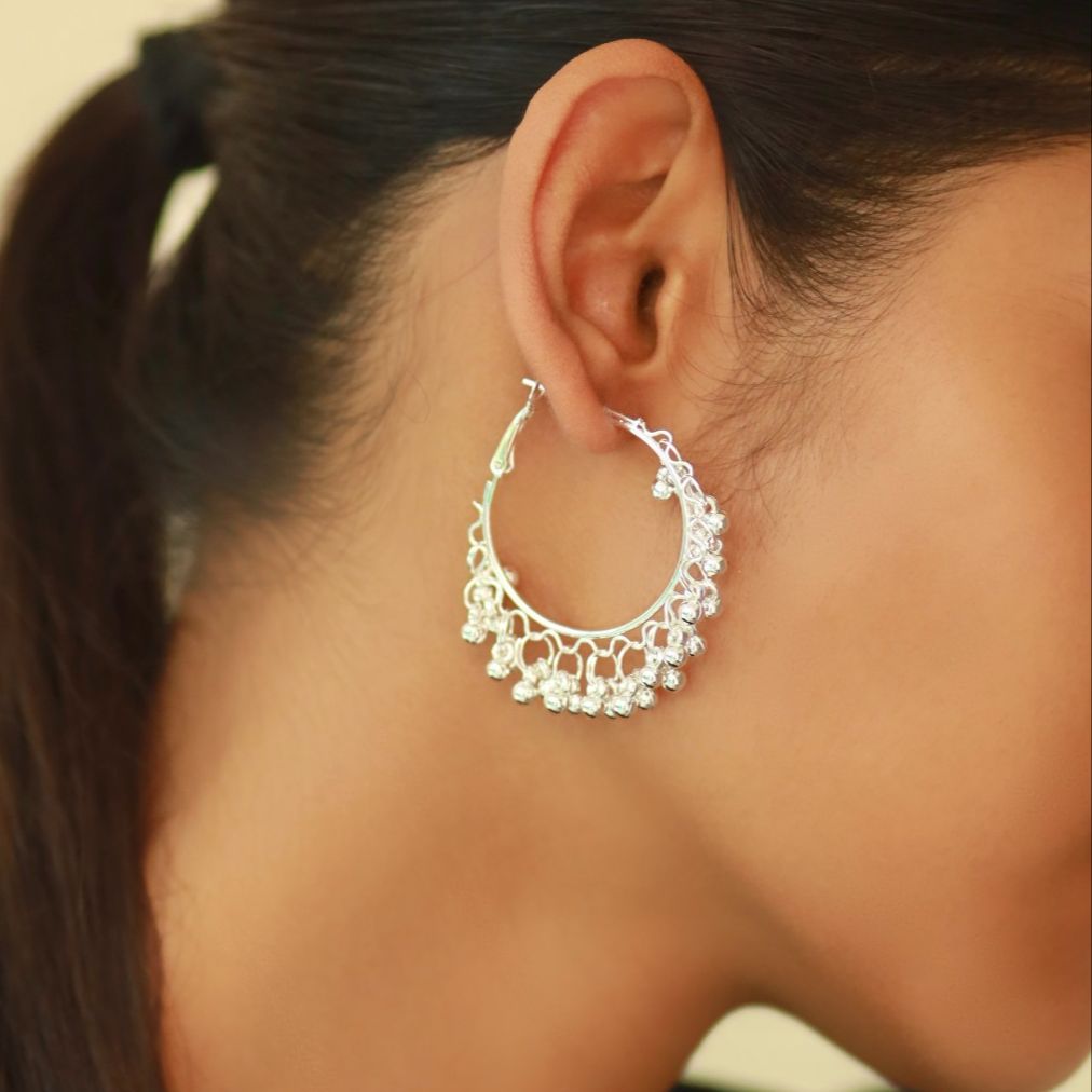 Silver-Toned Ethnic Hoop Earring for Daily and Evening Wear for women