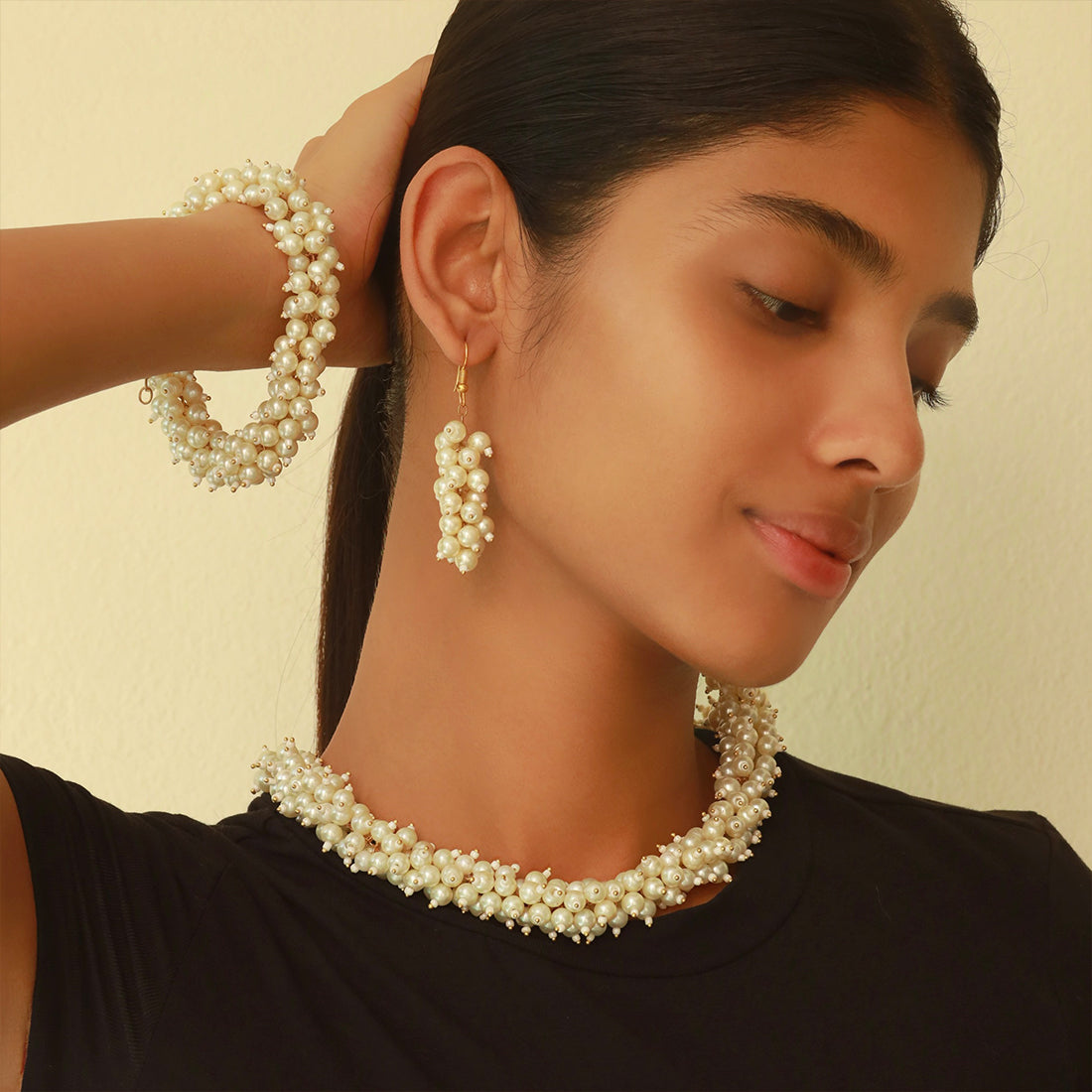 White and Gold Pearl Studded Evening Party Set of Necklace, Earrings & Bracelet for Women