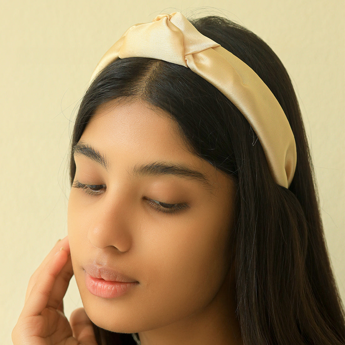 Set Of 2 Chic Beige And Black Satin Hairband With Elegant Top Knot