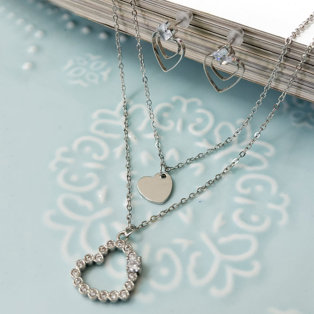 Set Of Two Heart & Diamante Studded Layered Mini Pendant Silver-Toned Necklace & Earrings