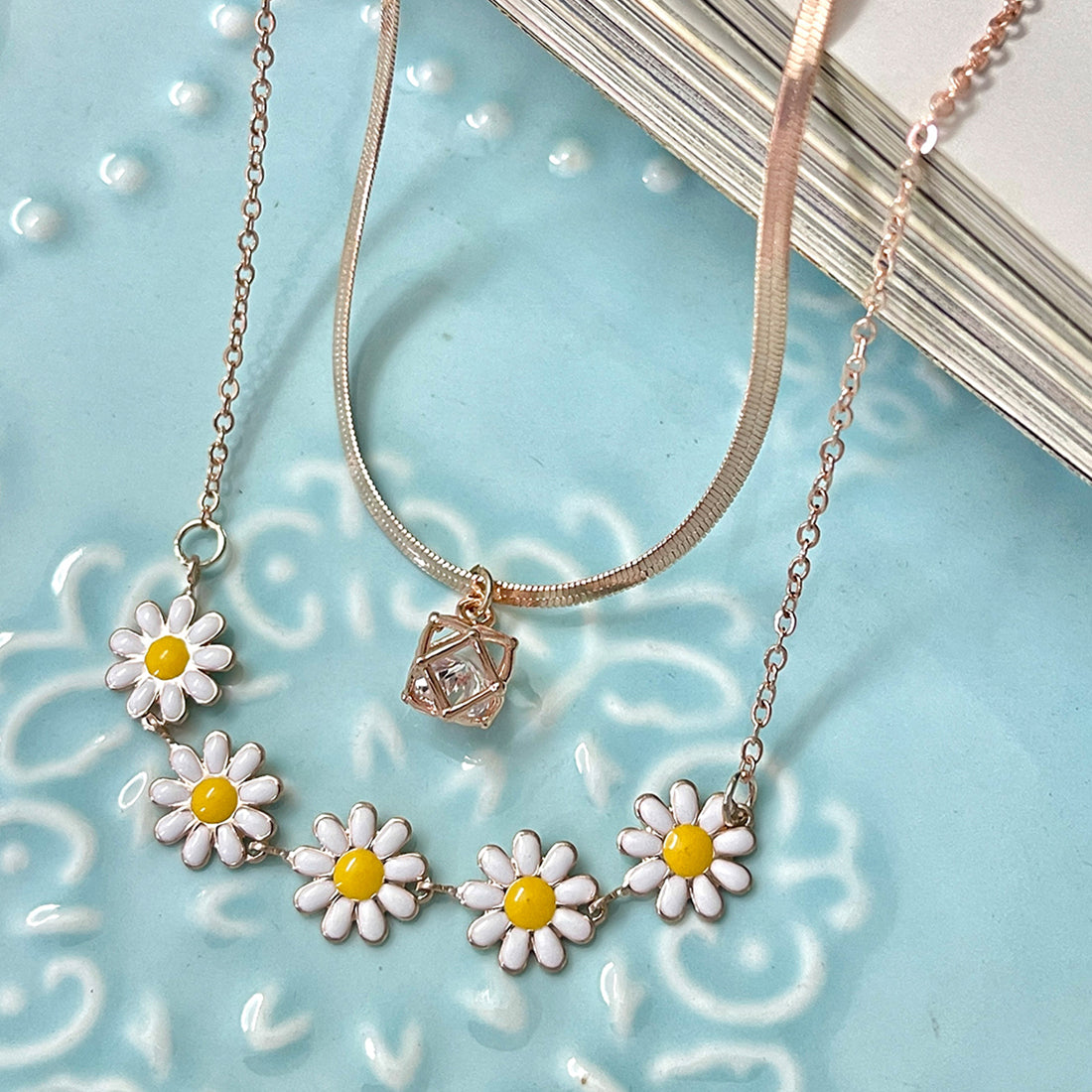 Enamel Flower Charm & Square Diamante Pendant Rose Gold-Toned Snake Chain Layered Necklace
