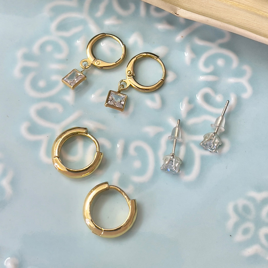 Set Of 3 Gold-Toned Diamante Stud, Drop & Hoop Earrings
