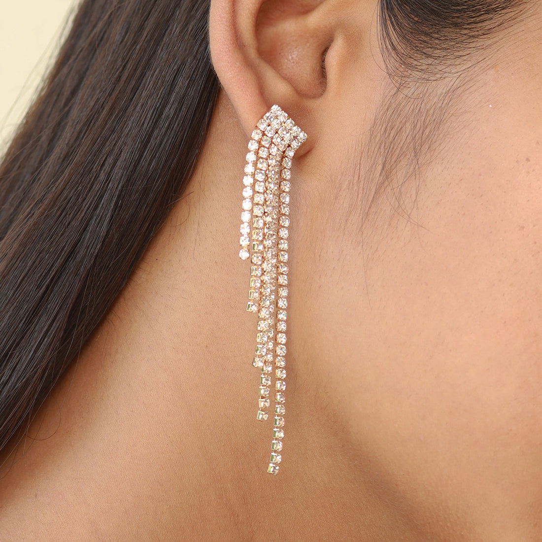 Ayesha Contemporary White Diamante Crystal Studded Gold-Toned Long Asymmetric Tassel Drop Earrings