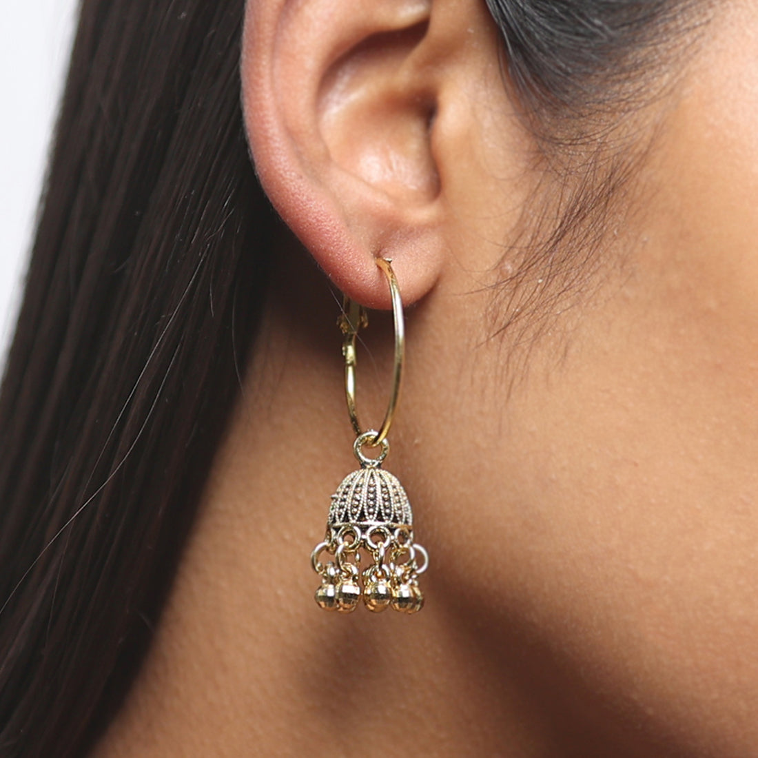 Set Of Three Oxidized Gold Toned Pearl & Ghungroo Studded Jhumka, Stud & Hoop Earrings