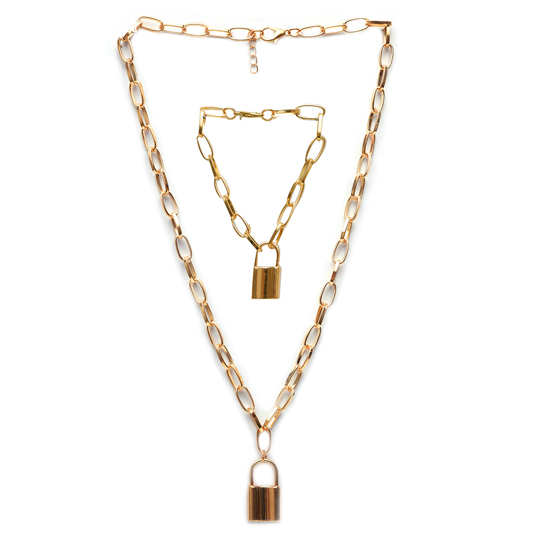 Chunky Chain-Link Gold-Toned Lock Pendant Necklace & Bracelet Set