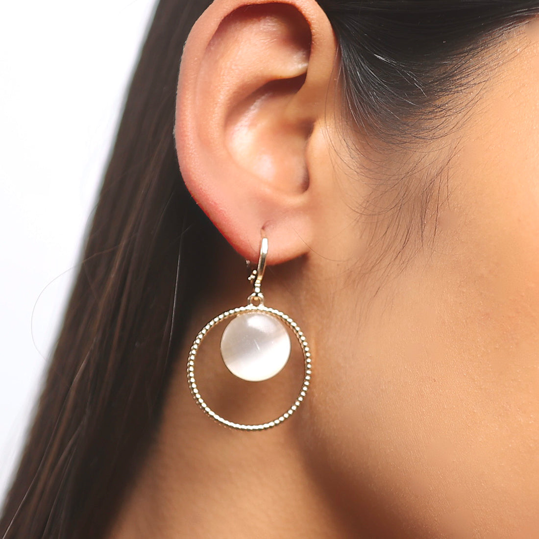 Circular White Moonstone Rose Gold-Toned Hoop Drop Earrings
