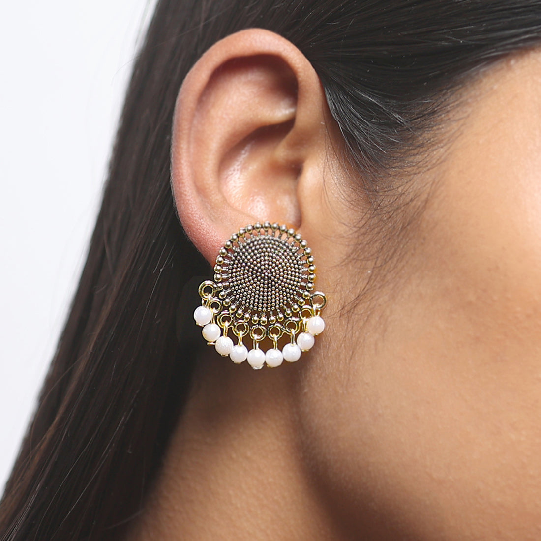 Set Of Three Oxidized Gold Toned Pearl & Ghungroo Studded Jhumka, Stud & Hoop Earrings