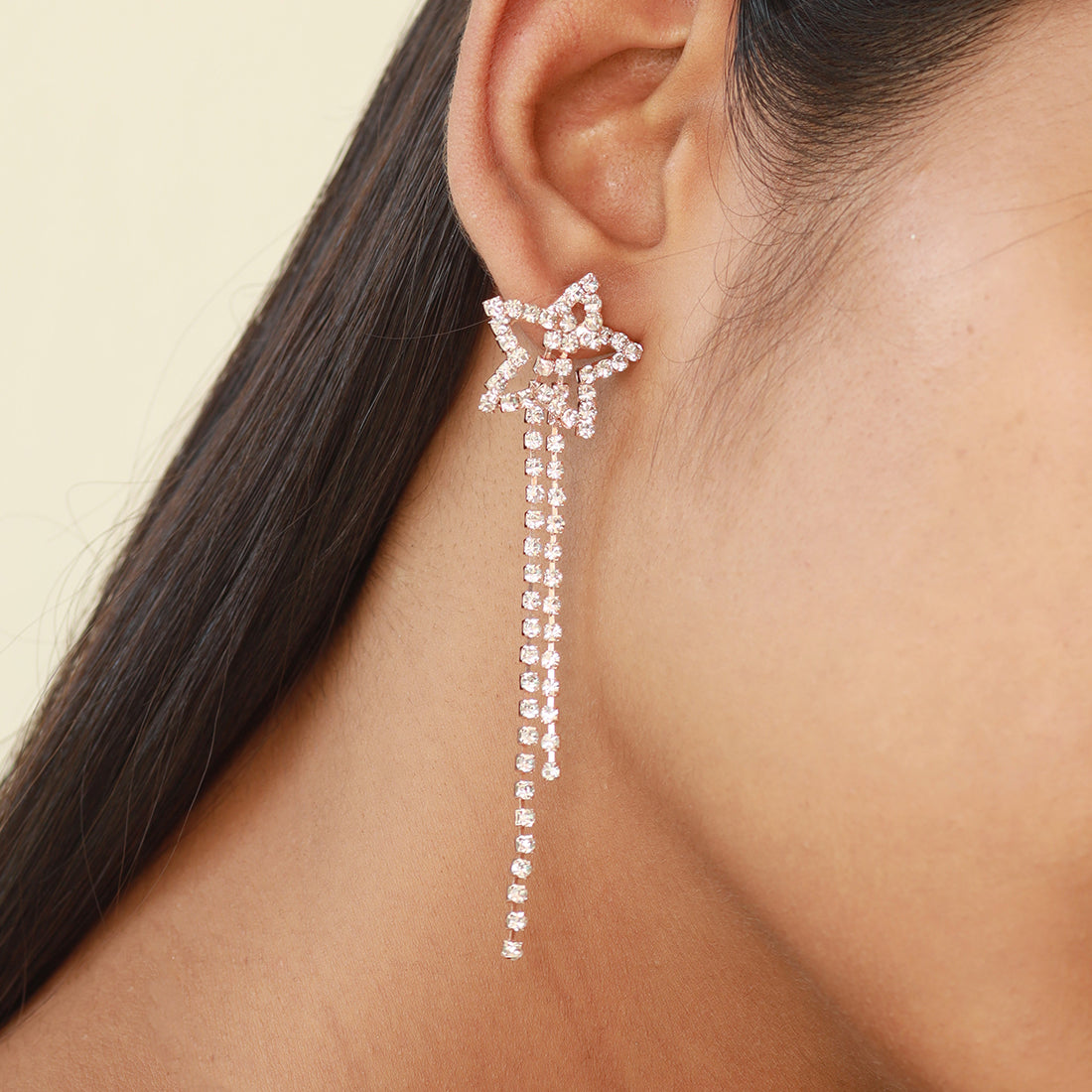 Ayesha Star White Diamante Crystal Studded Rose Gold-Toned Long Tassel Drop Earrings