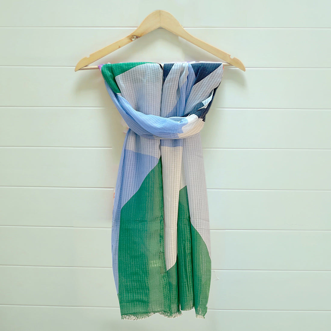 CONTEMPORARY ABSTRACT PRINTED BLUE, GREEN & WHITE VISCOSE SCARF