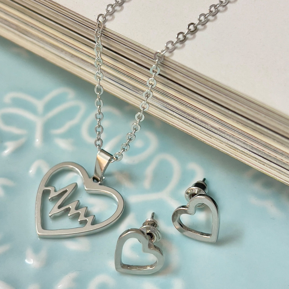 Set Of Two Heartbeat Silver-Toned Pendant Necklace & Earrings Set