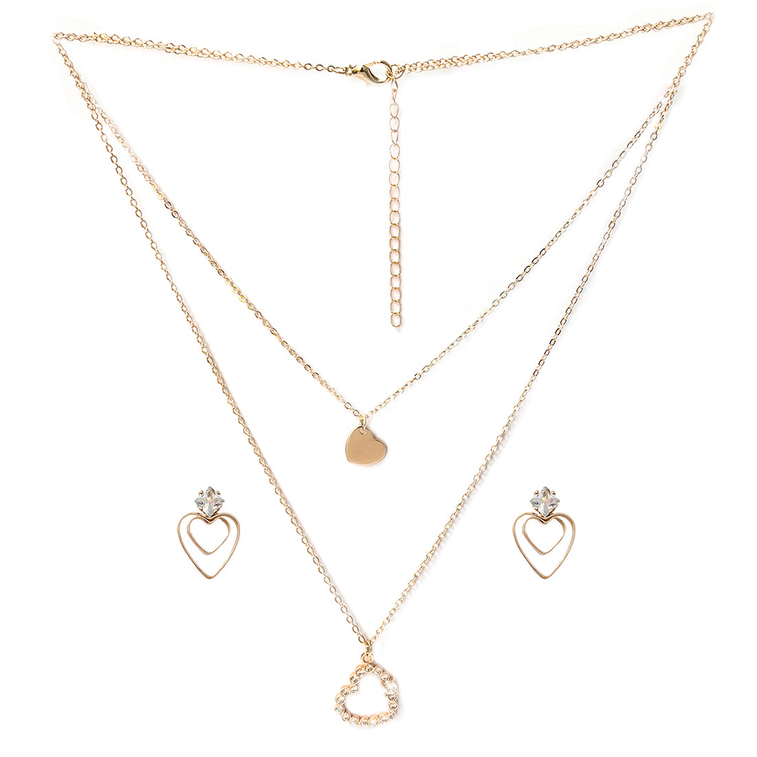 Set Of Two Heart & Diamante Rose Studded Layered Mini Pendant Gold-Toned Necklace & Earrings