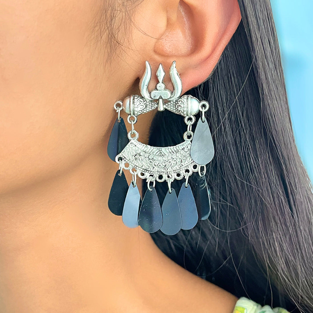 Oversized Handcrafted Ethnic Trishul Silver-Toned With Black Teardrop Charms Chandbali Earrings