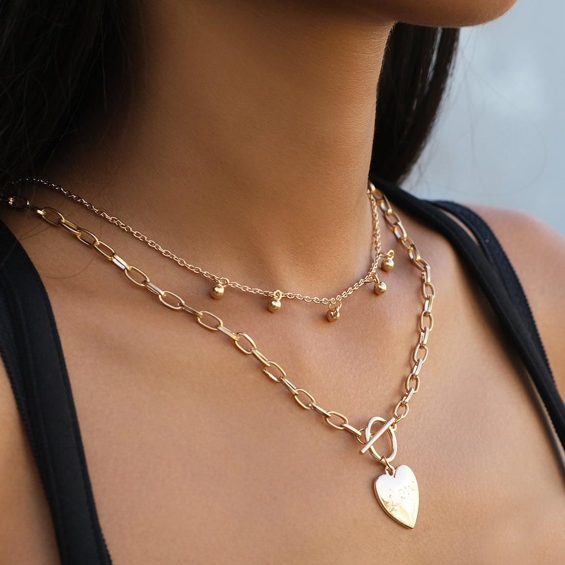 HEART LOVE & BEADED DAINTY CHARMS GOLD-TONED CHAIN LINK LAYERED NECKLACE