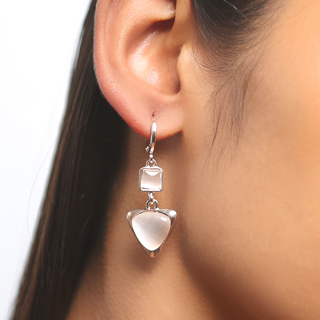 Square & Triangle White Moonstone Rose Gold-Toned Hoop Drop Earrings