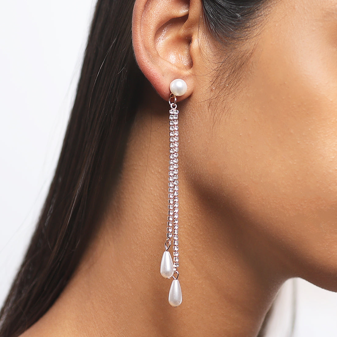 Contemporary Rose Gold-Toned Diamante Crystal & Pearl Studded Long Drop Earrings
