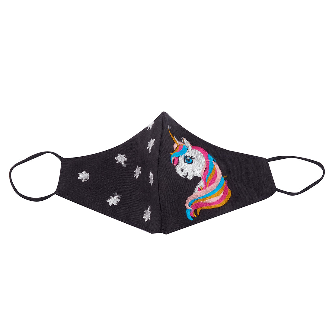 MULTICOLOR UNICORN & STARS EMBROIDERED BLACK CLOTH MASK
