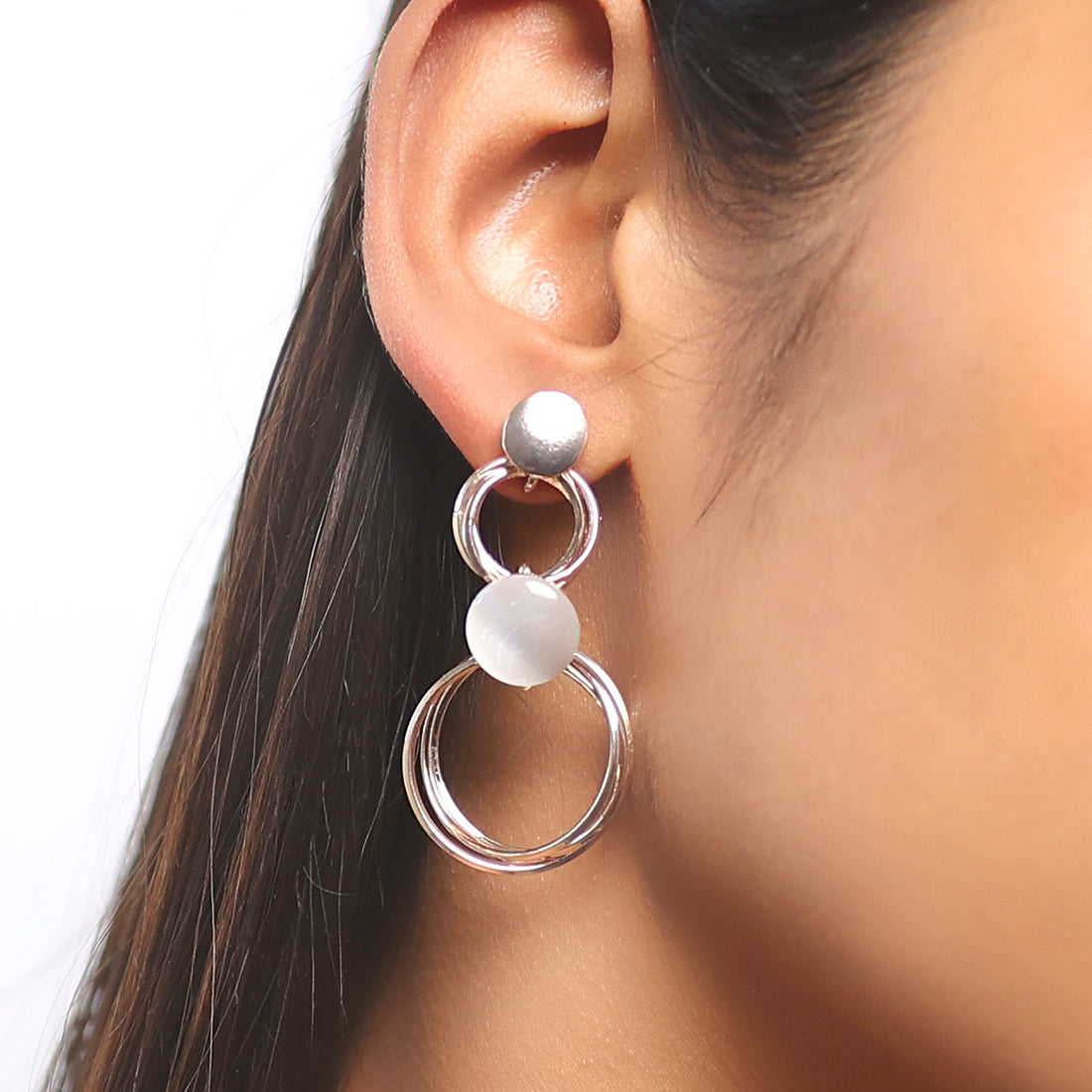 Circular Layered White Moonstone Studded Rose Gold-Toned Drop Earrings