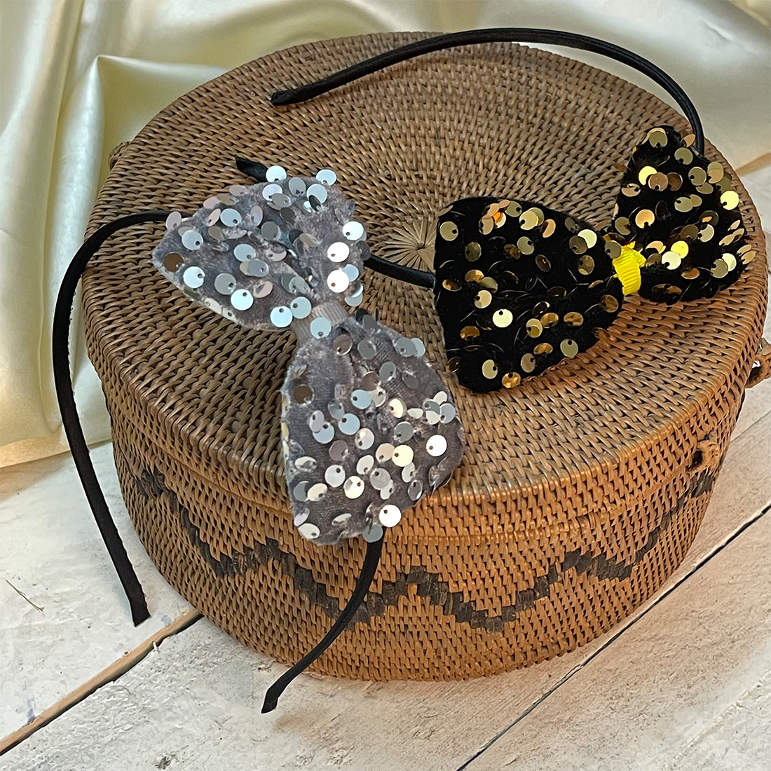 SET OF TWO GOLD & SILVER SEQUIN BOW HAIRBANDS