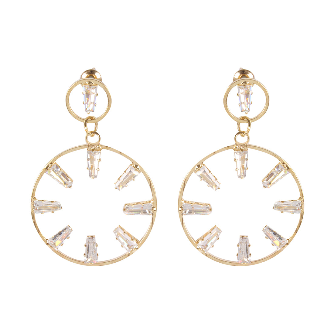 CONTEMPORARY RHINESTONE STUDDED METALLIC CIRCULAR DROP EARRINGS