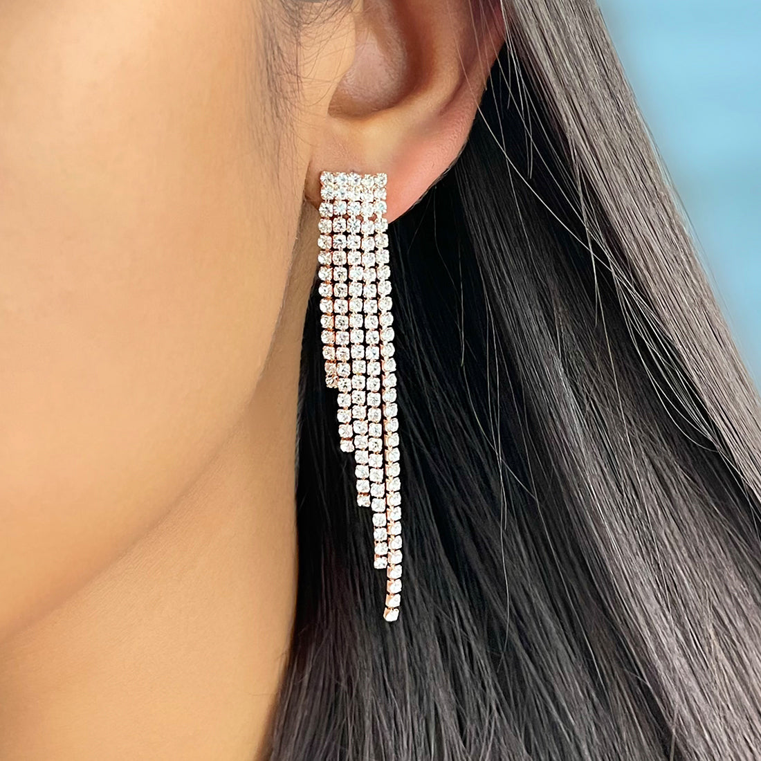 Contemporary White Diamante Crystal Studded Rose Gold-Toned Long Asymmetric Tassel Drop Earrings