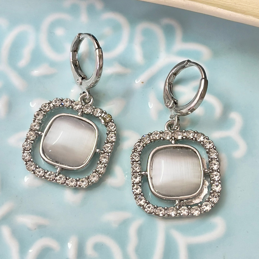 Square White Moonstone With Diamante Studs Silver-Toned Hoop Drop Earrings