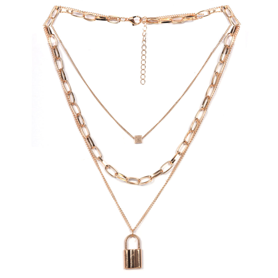 LOCK & SQUARE PENDANT CHAIN-LINK STATEMENT GOLD-TONED LAYERED NECKLACE