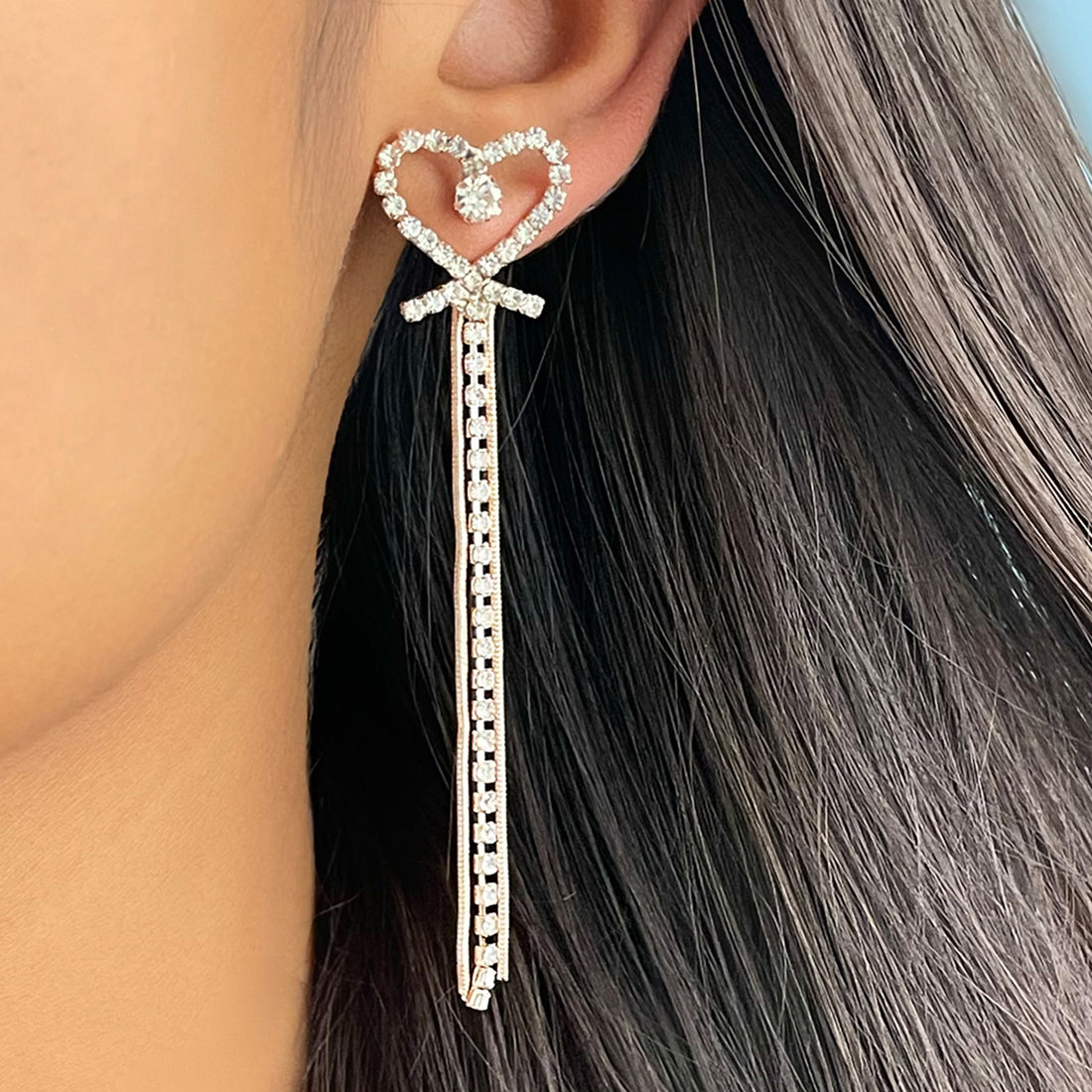 Heart White Diamante Crystal Studded Rose Gold-Toned Long Tassel Drop Earrings