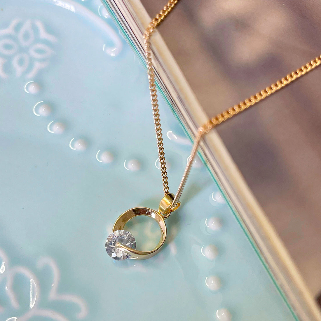 Circular Diamante Mini Pendant Gold-Toned Dainty Necklace