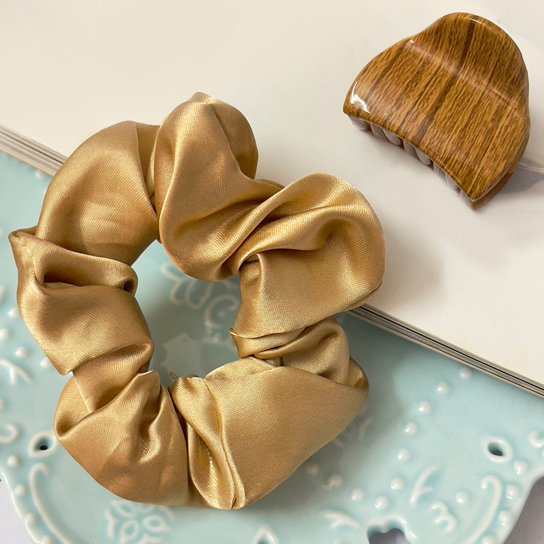 Set Of Two Gold Beige Satin Scrunchie Hair Tie & Hair Clutch