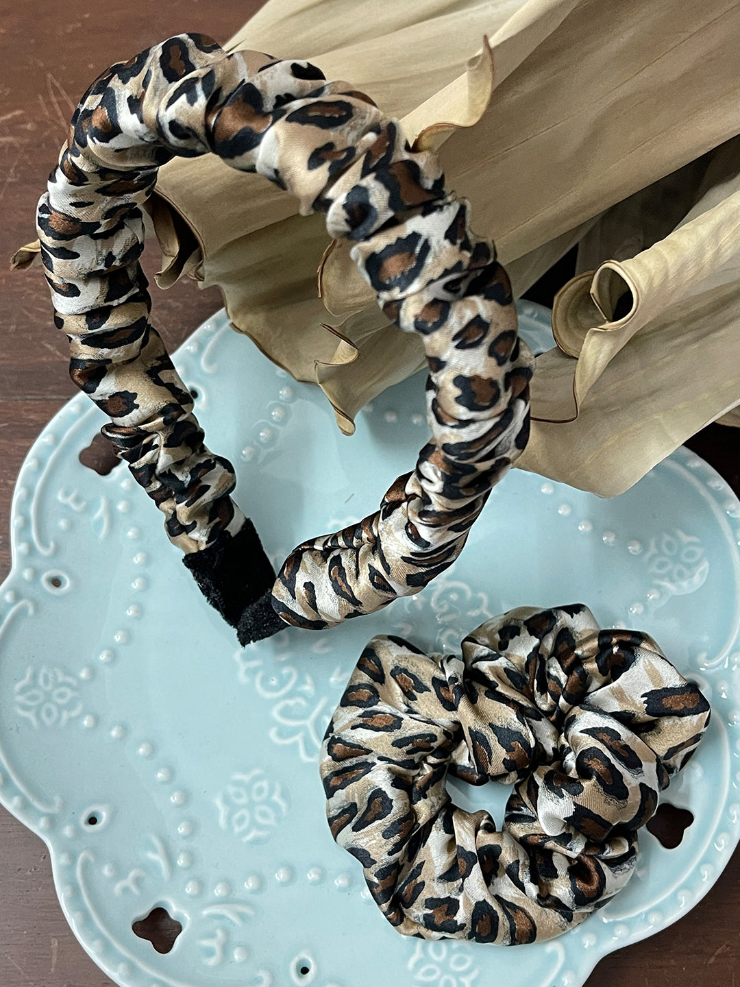 Ayesha Set Of Two Leopard Animal Printed Satin Scrunchie Hair Tie & Hair Band