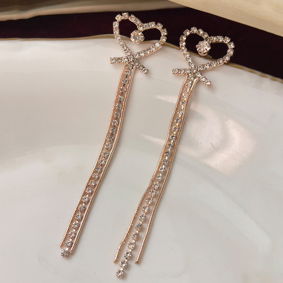 Heart White Diamante Crystal Studded Rose Gold-Toned Long Tassel Drop Earrings