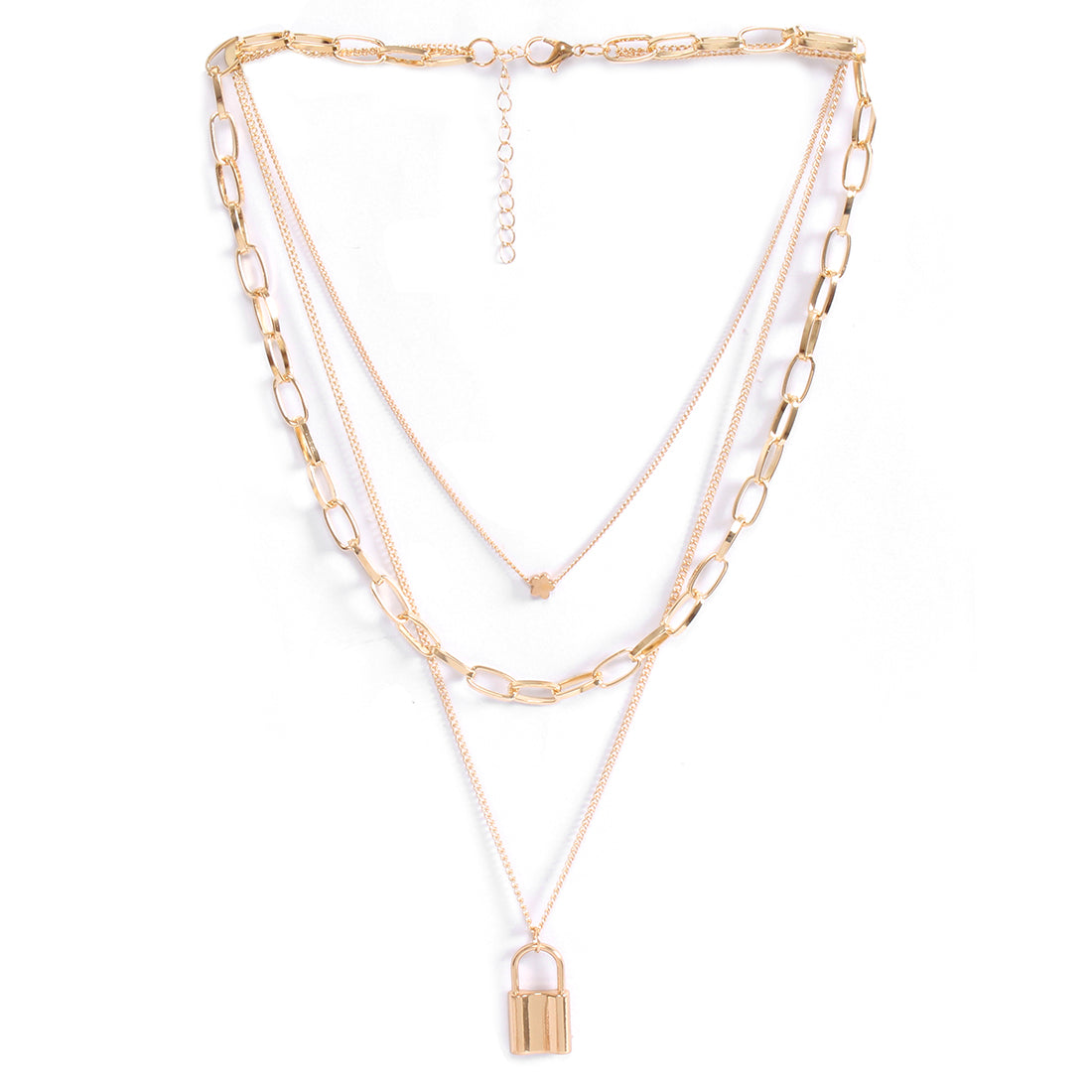 LOCK & MINI FLOWER PENDANT STATEMENT GOLD-TONED CHAIN LINK LAYERED NECKLACE