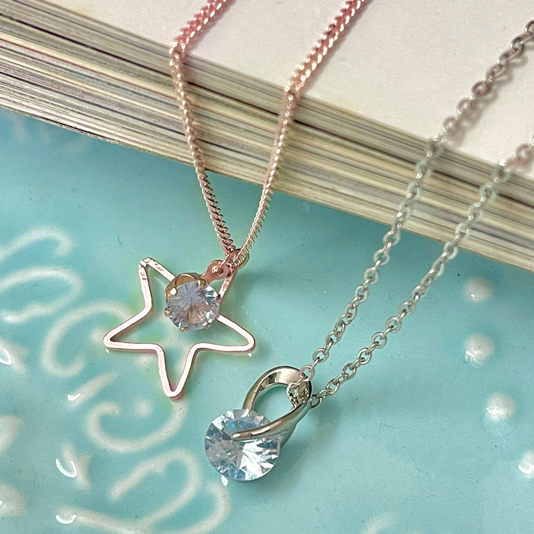 Set Of Two Stud & Star Mini Pendant Silver & Rose Gold-Toned Dainty Necklaces