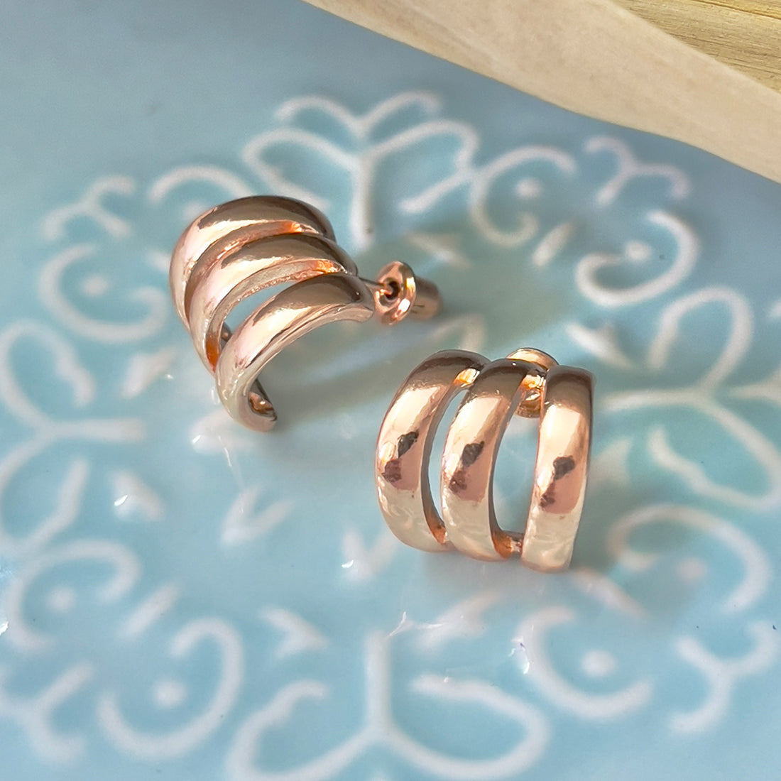 Contemporary Bold Rose Gold-Toned Triple-Layered Mini Open-Hoop Earrings