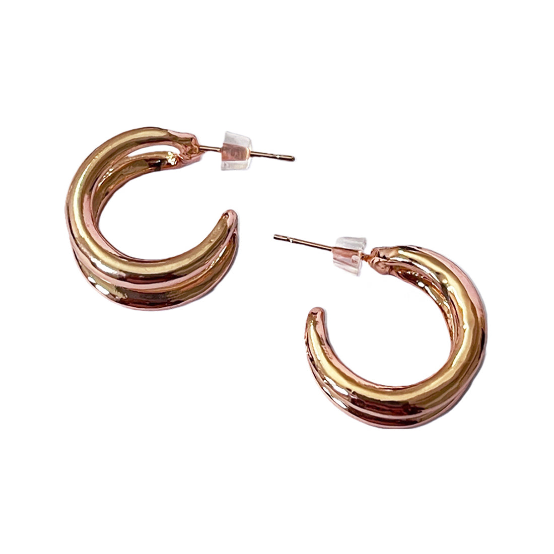 CONTEMPORARY BOLD ROSE GOLD-TONED DOUBLE-LAYERED MINI OPEN-HOOP EARRINGS