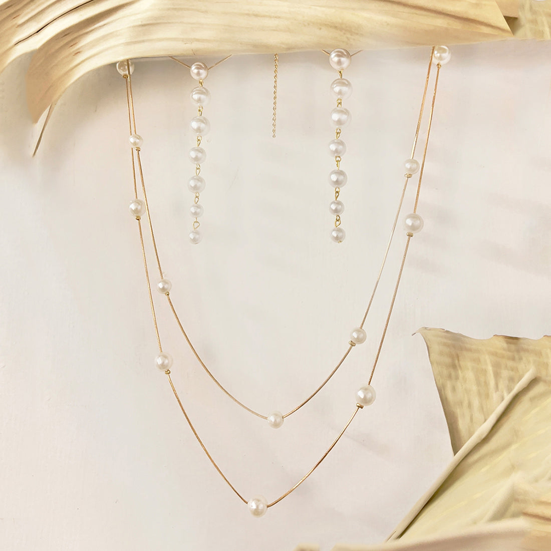 Pearl Charms Gold-Toned Double Layered Necklace & Pearl Drop Earrings