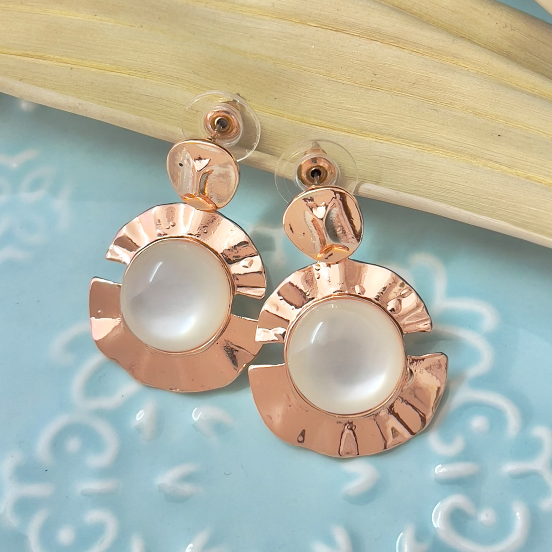 Circular White Moonstone Rose Gold-Toned Hammered Drop Earrings