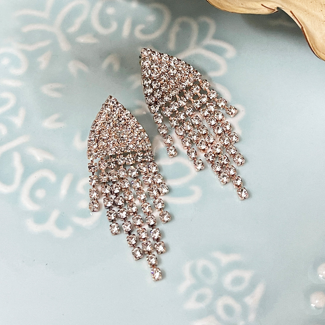 Contemporary White Diamante Crystal Studded Rose Gold-Toned Triangular Tassel Drop Earrings